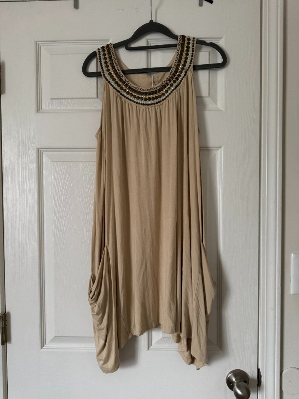 CAbi dress - aline w/ studded collar - tan w/ blue - Sz M